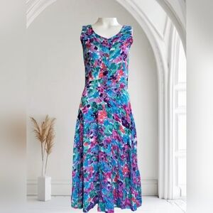 90's Blue Watercolor Floral Print Rayon Midi Dress by S. Roberts